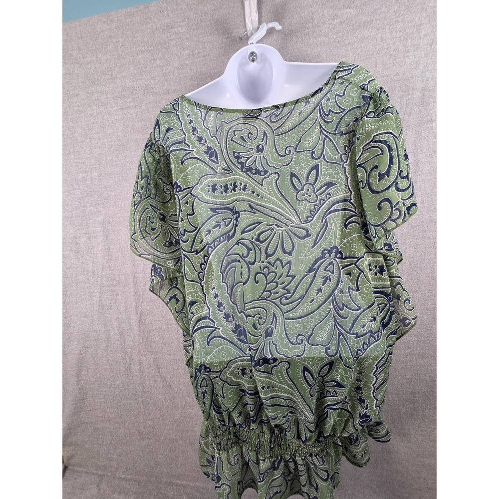 FADED GLORY 3X Vintage Tunic Blouse Smocked Ruffle Bottom Green‎ Blue Paisley - Picture 2 of 7